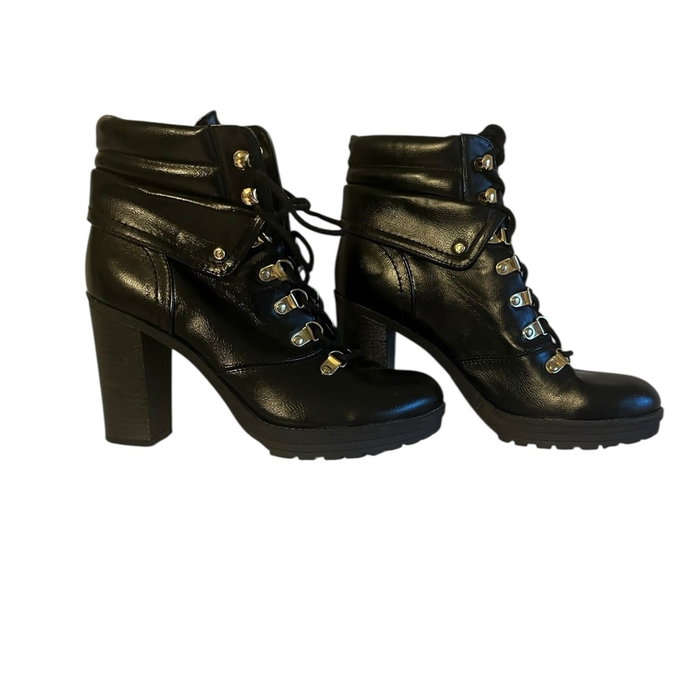Black Leather Lace-Up Heeled Ankle Boots Size 7.5 Y2K Grunge Statement Festival